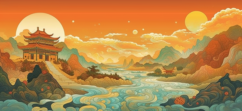 国潮山水河流湖泊山峰金色国潮背景,插画/手绘图,插画/手绘图库,插画/手绘图下载,插画/手绘